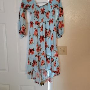 Blue with pink floral print dress.